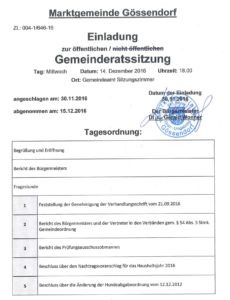 Einladung zur öffentlichen Gemeinderatssitzung am 14. Dezember 2016