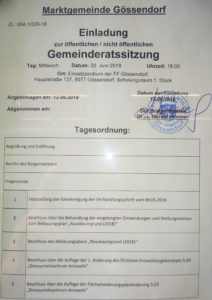 Einladung Gemeinderatssitzung Gössendorf 20. Juni 2018