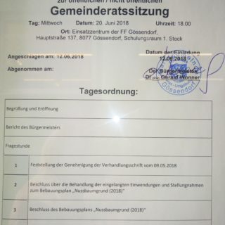 Einladung Gemeinderatssitzung Gössendorf 20. Juni 2018