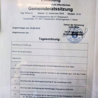 Einladung Gemeinderatssitzung Gössendorf 19. September 2018