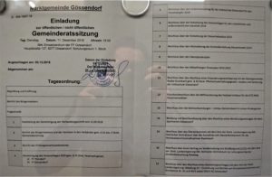 Einladung Gemeinderatssitzung 11. Dezember um 18 Uhr FF Gössendorf