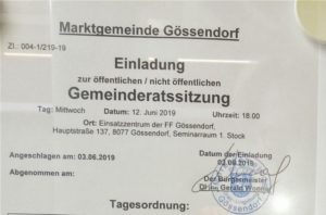 Gemeinderatssitzung Gössendorf – 12. Juni 2019