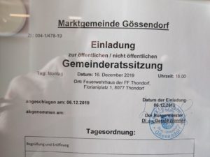 Einladung zur Gemeinderatssitzung am 16. Dezember in Gössendorf