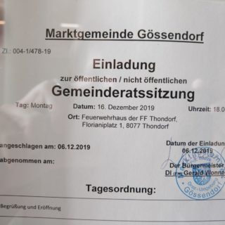 Einladung zur Gemeinderatssitzung am 16. Dezember in Gössendorf