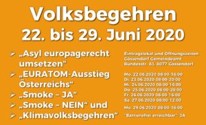 Eintragungsmöglichkeit Volksbegehren 22. bis 29. Juni 2020 in Gössendorf