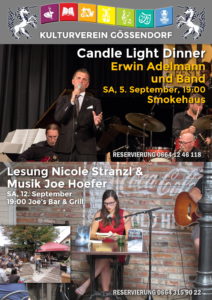 Kulturverein – Candle Light Dinner im Smokehaus am 5. und Lesung & Musik am 12. September im Joes