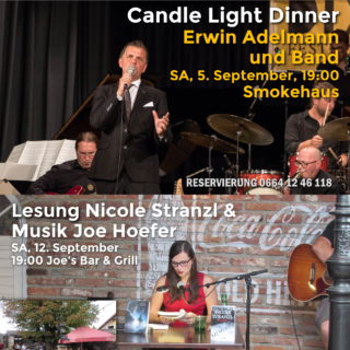 Kulturverein – Candle Light Dinner im Smokehaus am 5. und Lesung & Musik am 12. September im Joes