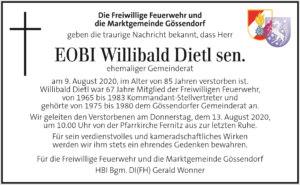 Traueranzeige EOBI Willibald Dietl sen. der FF Gössendorf/MG Gössendorf