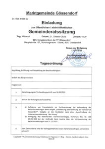 Einladung Gemeinderatssitzung Mittwoch 21.10.2020 Gössendorf