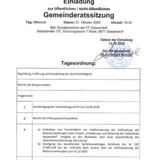 Einladung Gemeinderatssitzung Mittwoch 21.10.2020 Gössendorf