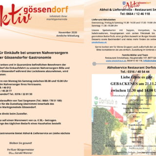 Gemeindeaussendung Gössendorf – Lockdown Service durch Marktgemeinde und Abhol- und Lieferservice Smokehaus/Dorfstubn