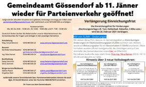 Gemeindeamt Gössendorf ab 11. Jänner geöffnet – Einreichfrist Förderungen, Flächenwidmungsplan Änderungen und Volksbegehren