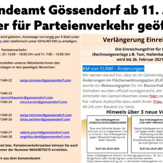Gemeindeamt Gössendorf ab 11. Jänner geöffnet – Einreichfrist Förderungen, Flächenwidmungsplan Änderungen und Volksbegehren