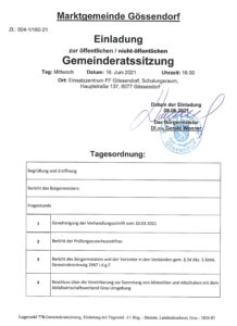 Einladung Gemeinderatssitzung 16. Juni 2021 Marktgemeinde Gössendorf