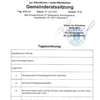 Einladung Gemeinderatssitzung 16. Juni 2021 Marktgemeinde Gössendorf