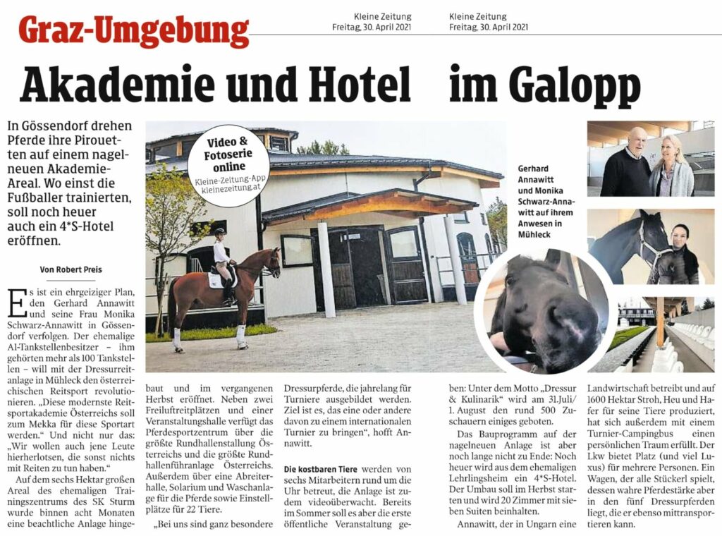 Kleine Zeitung 30. April 2021- Reitsportakademie Mühleck in Gösssendorf