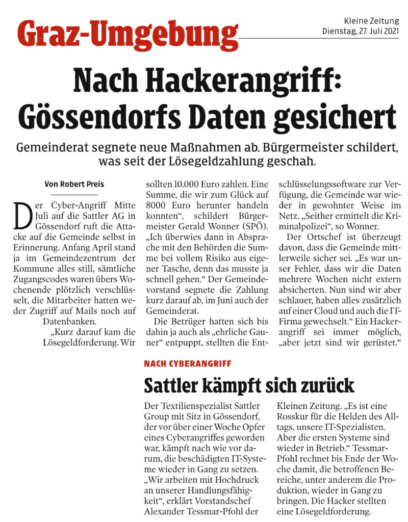 Kleine Zeitung 27. Juli – Nach Hackerangriff: Gössendorfs Daten gesichert