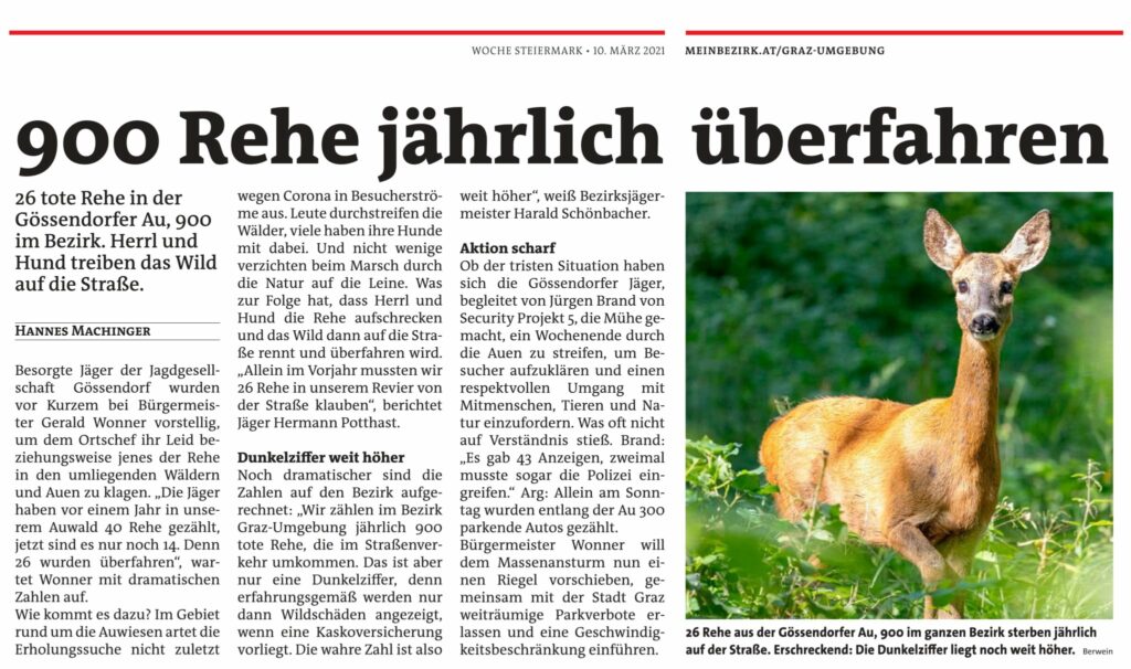 Woche Graz-Umgebung Süd 10. März – 26 tote Rehe in Gössendorfer Au