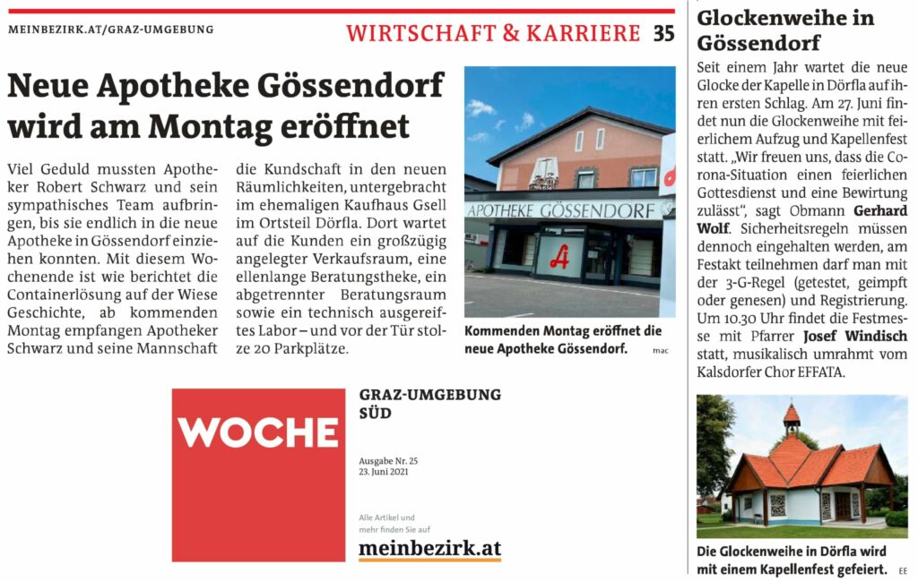 Woche Graz-Umgebung Süd 23. Juni: Eröffnung Neue Apotheke Gössendorf und Glockenweihe Kapelle Dörfa