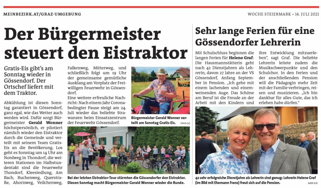 Woche Graz-Umgebung Süd: Eistraktor-Tour Gössendorf und „Ferien“ für Lehrerin Helene Graf