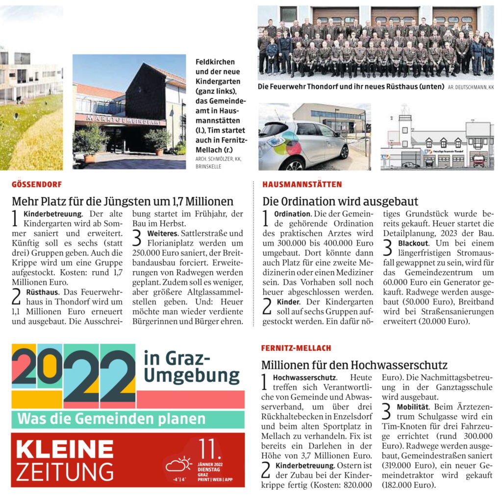 Kleine Zeitung 11. Jänner 2022 mit Berichten zu den größeren Projekten der Gemeinden Gössendorf, Fernitz-Mellach und Hausmannstätten.