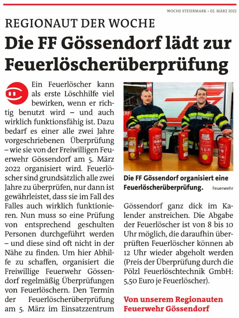 Woche 2. März – Feuerlöscherüberprüfung Gössendorf