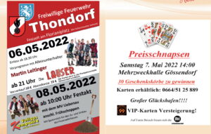 Neue Gemeindeaussendung Gössendorf – Florianifest Thondorf / Preisschnapsen Altherren & Volksbegehren 2-9. Mai