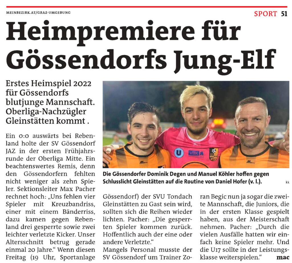 WOCHE Graz-Umgebung Süd 23 März – Oberliga Auftakt Rückrunde SV Gössendorf