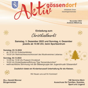 Neue Gössendorfer Gemeindeaussendung – Christkindlmarkt, Nikolaus & Krampus, Pensionistentreffen, Advent am Florianiplatz, Stellenausschreibung Reinigungskraft