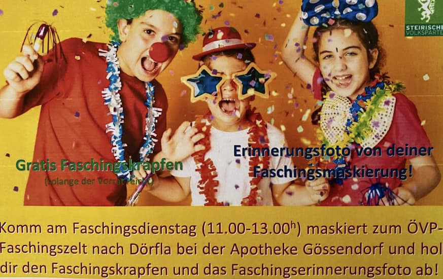 ÖVP Gössendorf Faschingszelt mit Gratiskrapfen und Erinnerungsfoto