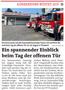 WOCHE Graz-Umgebung Süd 23.08.2023: Gössendorf rüstet auf – Tag der offenen Tür FF Thondorf, Kindergemeinderat und Wehrdienstinfoabend