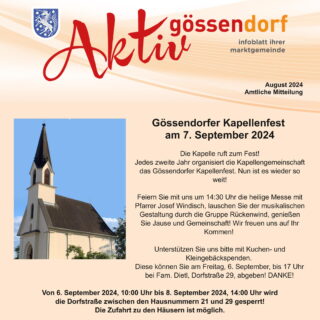 Neue Gössendorfer Gemeindeaussendung August 2024 – Kapellenfest, iVi Musik Schulprojekt Gössendorf, Staatsmeisterschaften Dressur in Gössendorf, Seniorenurlaubskation