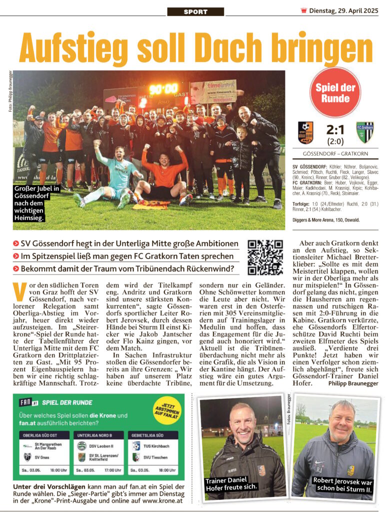 Kronen Zeitung 29. April 2025 – Gössendorf : Gratkorn Spiel der Runde