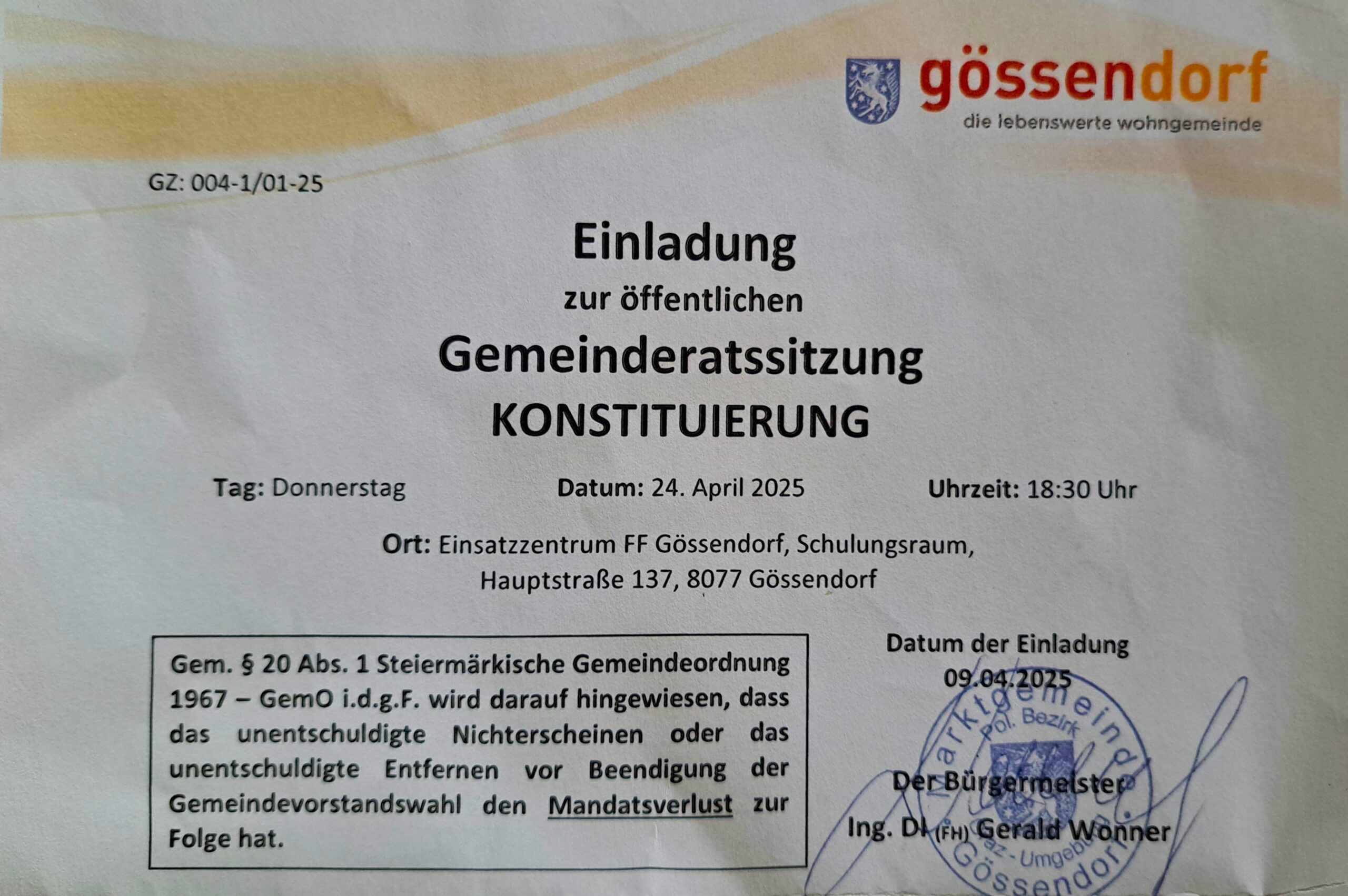 Konstituierende Sitzung Gemeinderat Gössendorf – Angelobung, Bürgermeisterwahl und Wahl der Vorstandsmitglieder Konstituierende Sitzung Gemeinderat Gössendorf – Angelobung, Bürgermeisterwahl und Wahl der Vorstandsmitglieder