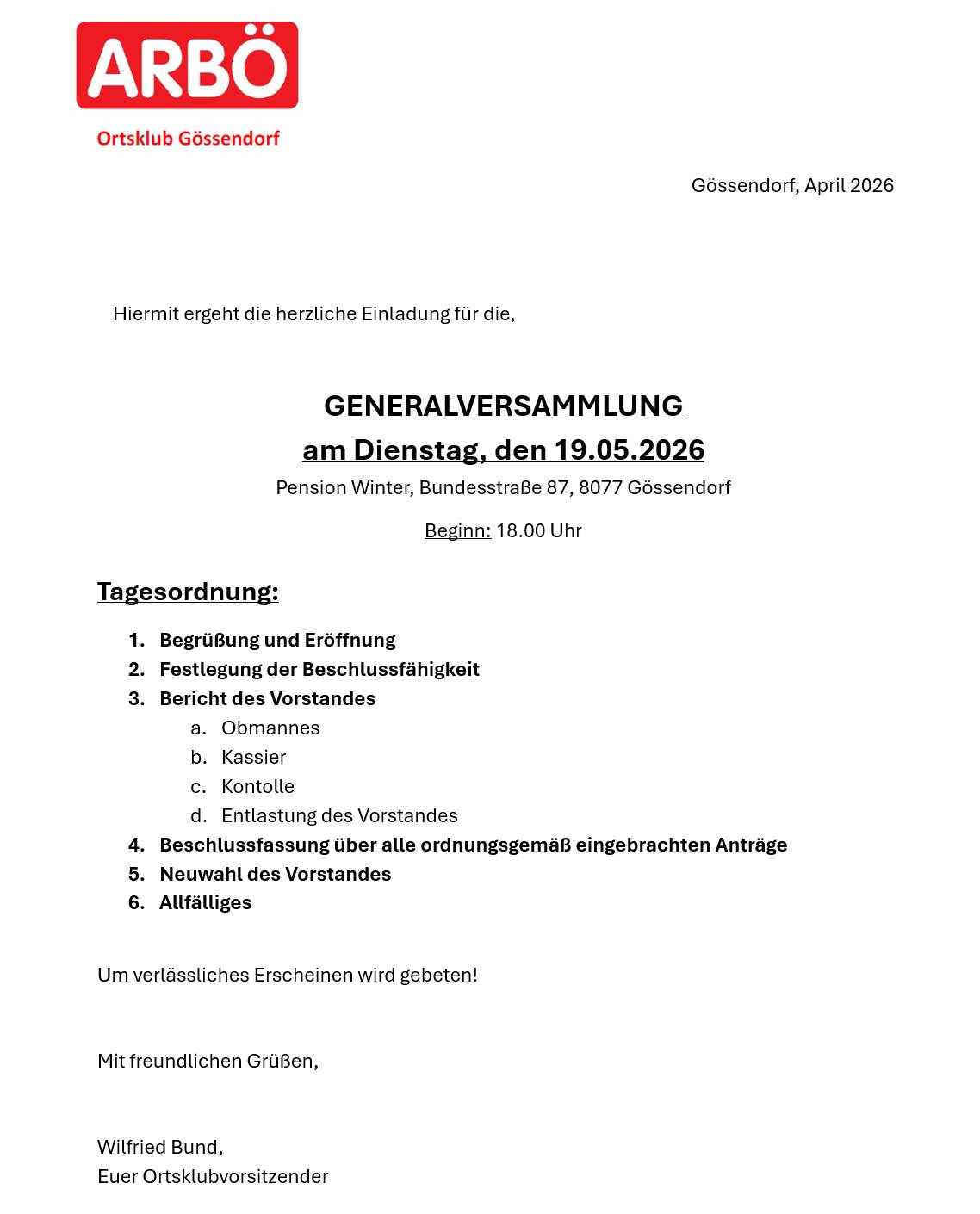ARBÖ Ortsklub Gössendorf Generalversammlung in der Pension Winter