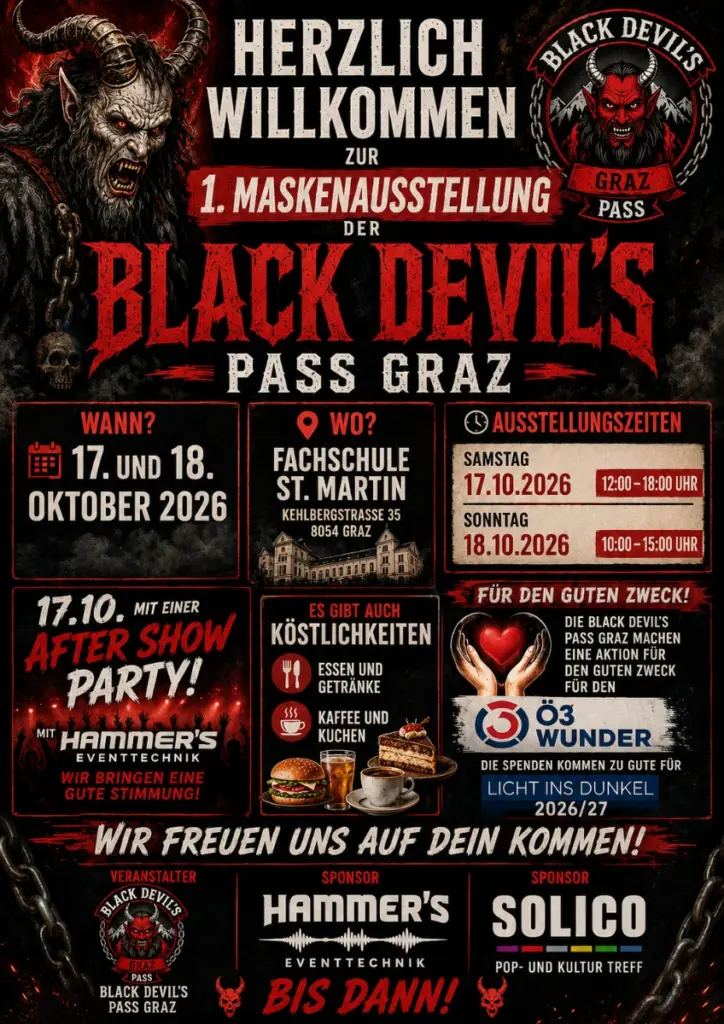 Plakat: 1. Maskenausstellung Black Devil's Pass Graz